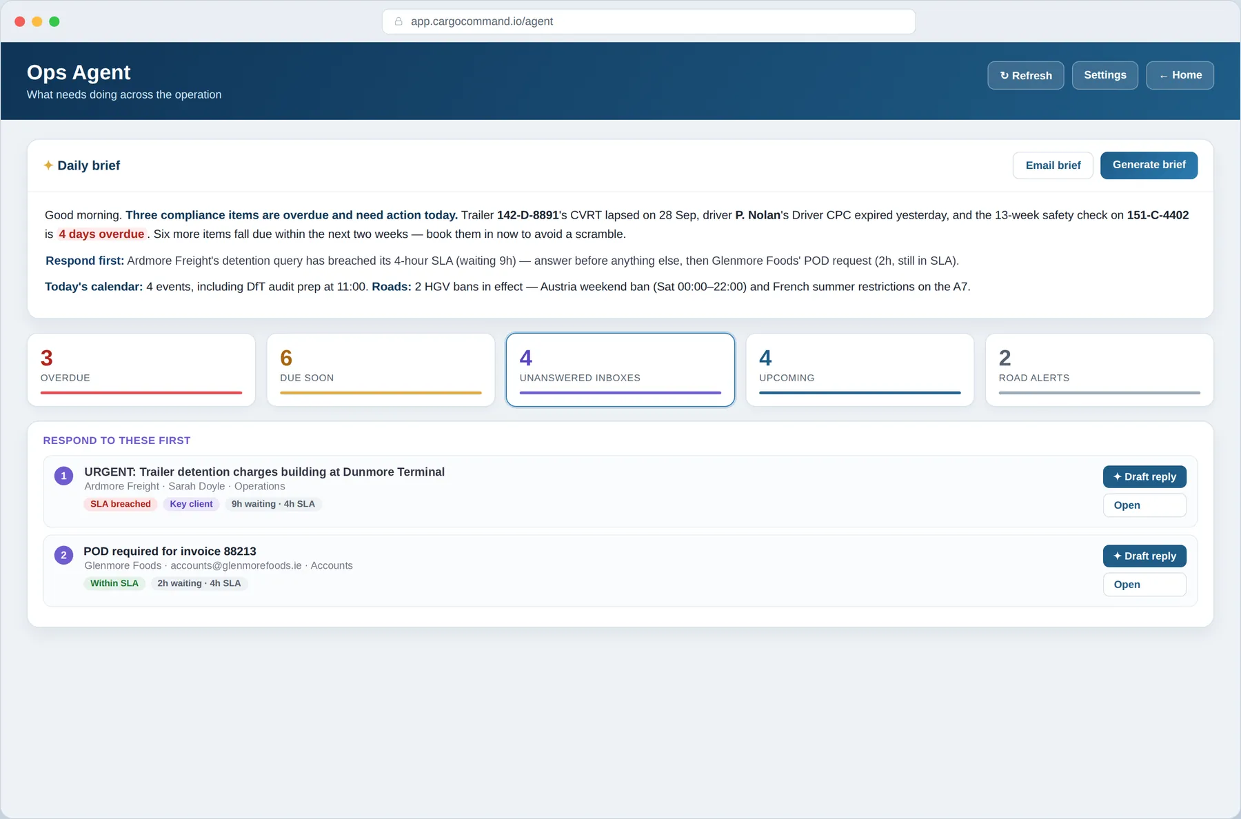 The Ops Agent screen in Cargo Command, showing a written daily brief naming overdue compliance items and which emails to answer first, counters for overdue, due soon, unanswered inboxes, upcoming events and road alerts, and a prioritised respond-first list with draft-reply buttons.