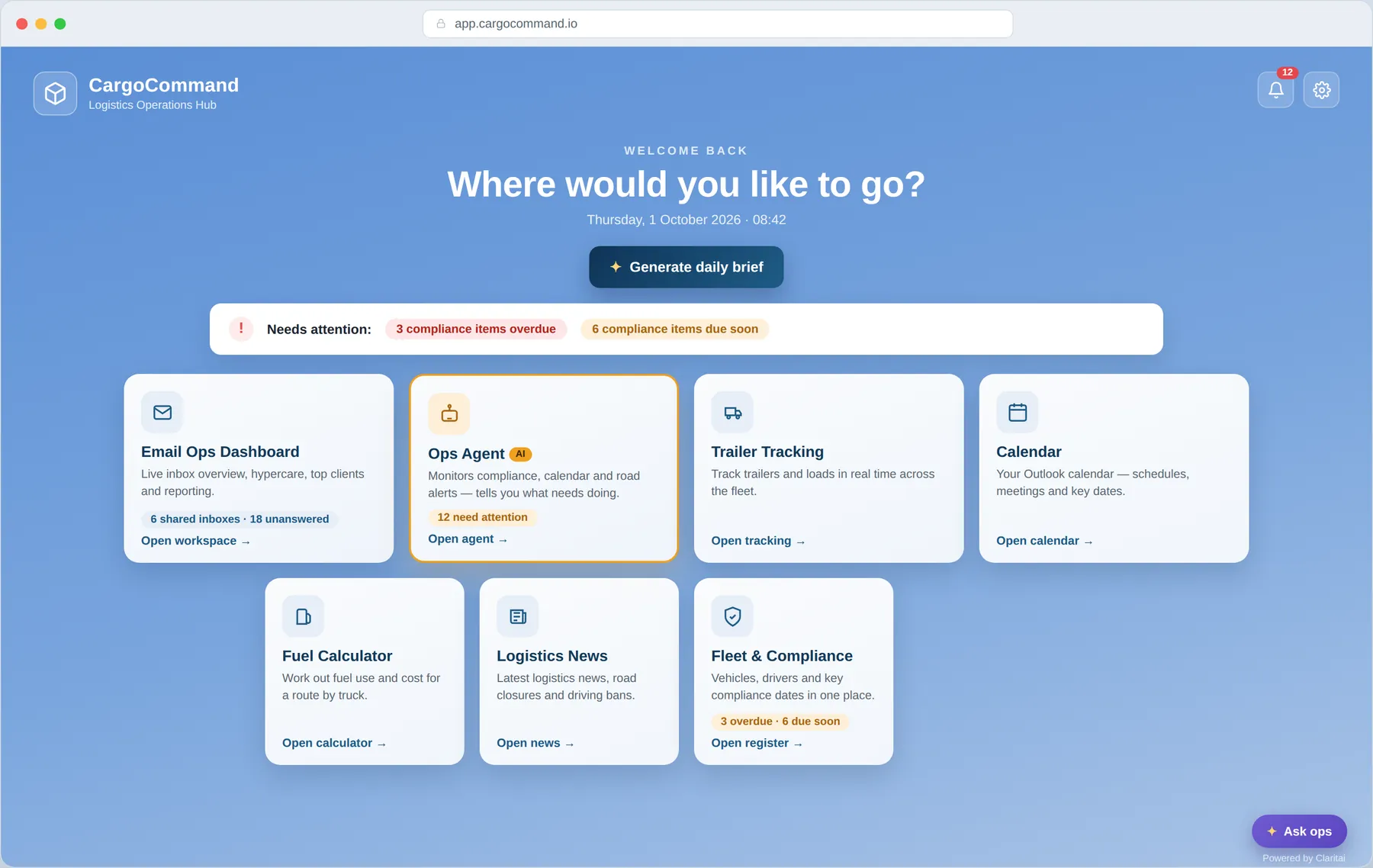 The Cargo Command home screen, showing all seven modules as cards with live counts: Email Ops Dashboard, Ops Agent, Trailer Tracking, Calendar, Fuel Calculator, Logistics News, and Fleet & Compliance.